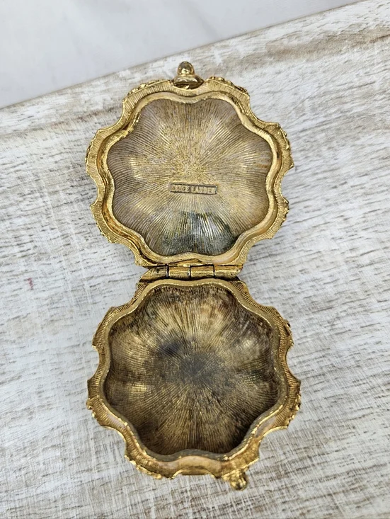 Vintage 1960s Estee Lauder Perfume Compact Gold Tone Floral Pumpkin Youth Dew - Picture 5 of 12